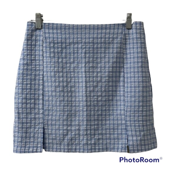 SHEIN Womens Blue Wht Seersucker A Line Mini Skirt with Double Slit Size Medium - Picture 1 of 10
